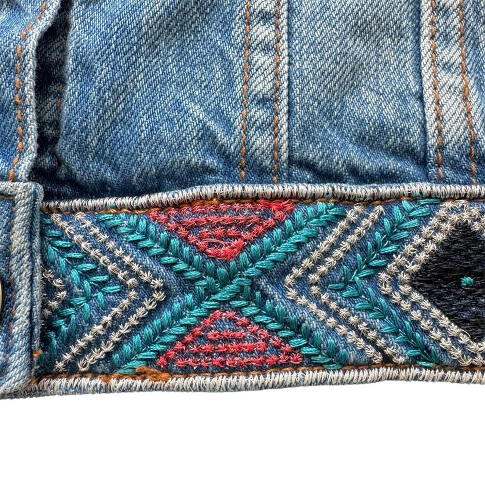Desigual Fiorella Embroidered Denim Jacket Knitted Sleeves Bohemian Size 4 US - Picture 5 of 13
